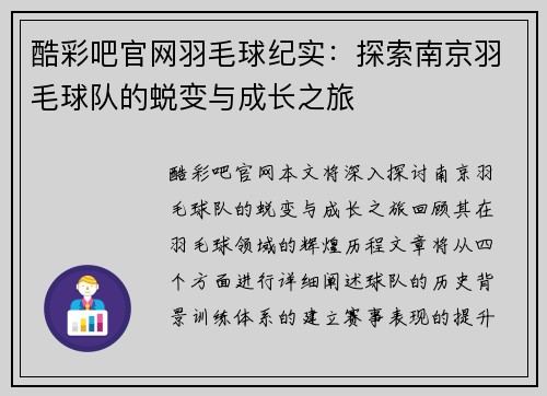 酷彩吧官网羽毛球纪实：探索南京羽毛球队的蜕变与成长之旅