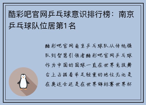 酷彩吧官网乒乓球意识排行榜：南京乒乓球队位居第1名